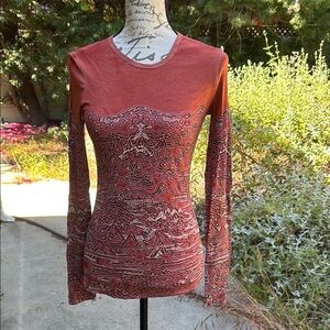 XCVI Women's Rust Patterned Long Sleeve Tee. Size S
